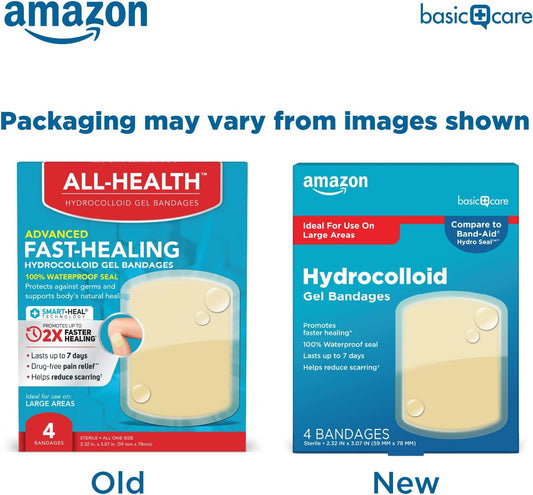 Amazon Basic Care Advanced Fast Healing Hydrocolloid Gel Bandages, Large Adhesive Wound Dressing For First Aid, 2.3 X 3 Inches (4 Count)