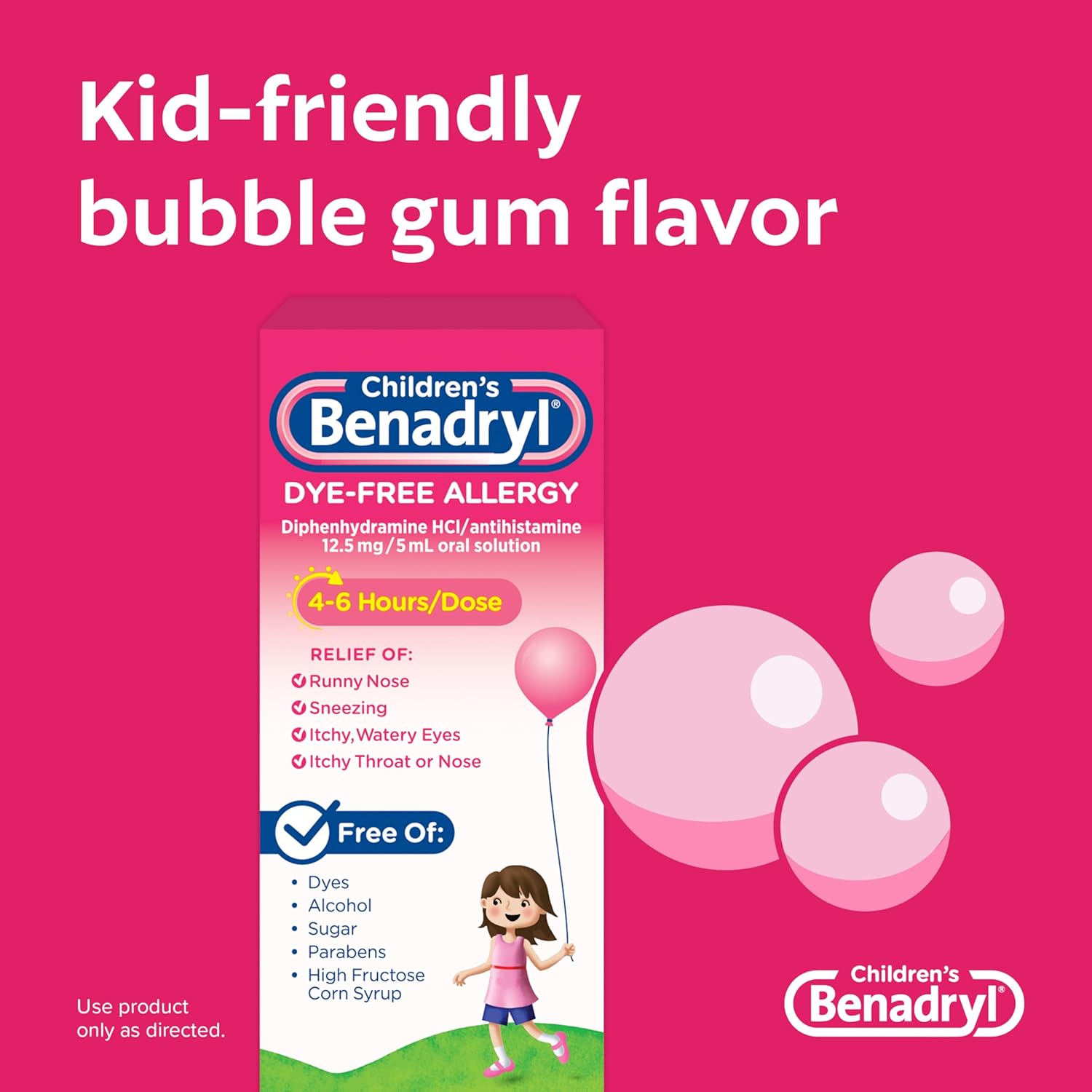 Benadryl Children's Dye-Free Allergy Liquid Medication with Diphenhydramine HCl, Antihistamine Allergy Relief Medication for Kids, Alcohol-Free, Bubble Gum Flavor, 4 fl. oz : Health & Household