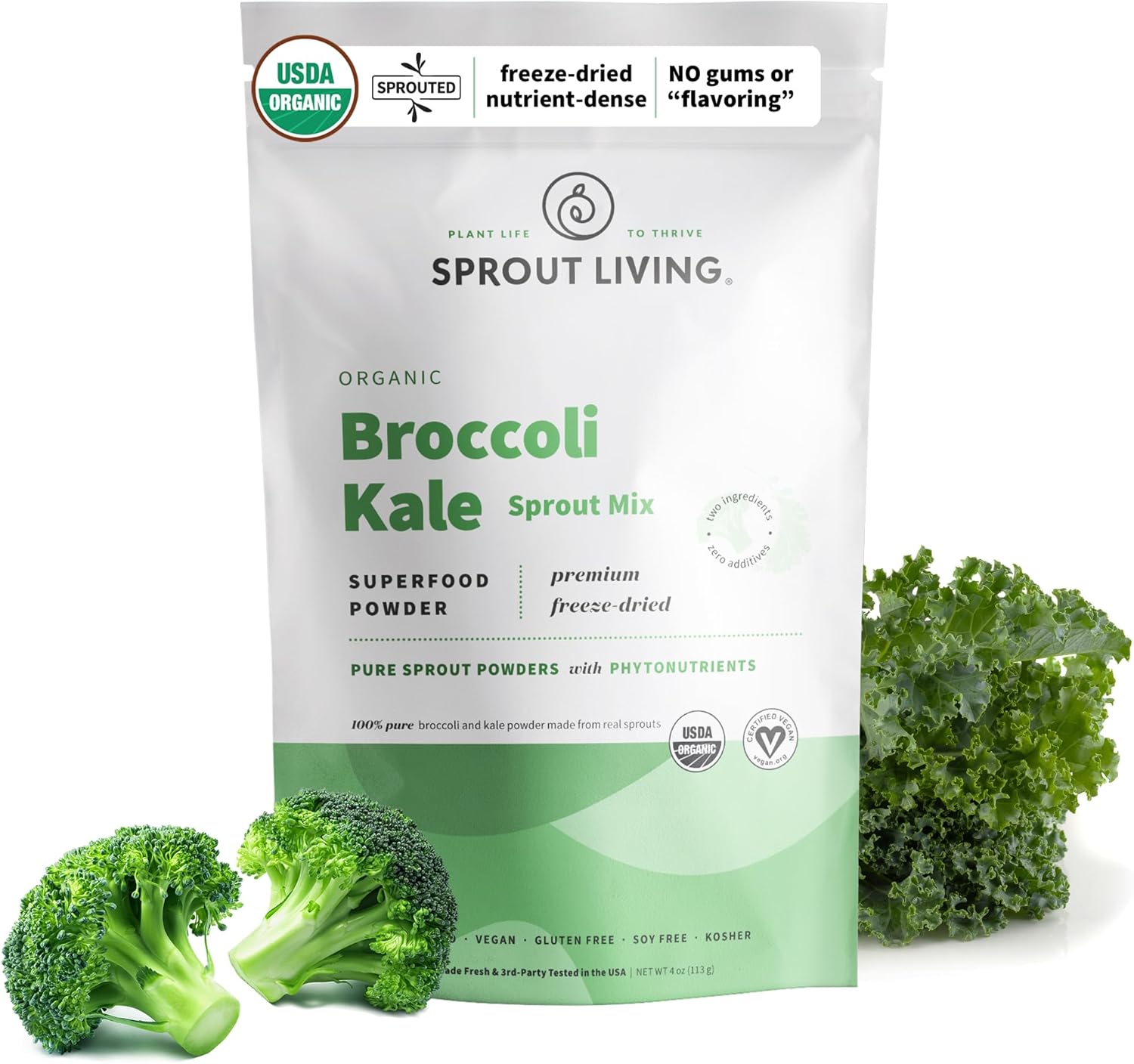 Sprout Living Broccoli And Kale Organic Sprout Mix, Freeze Dried Superfood Greens Powder, 100% Pure, Vegan, Non-Gmo, Gluten Free (4 Ounces, 32 Servings)