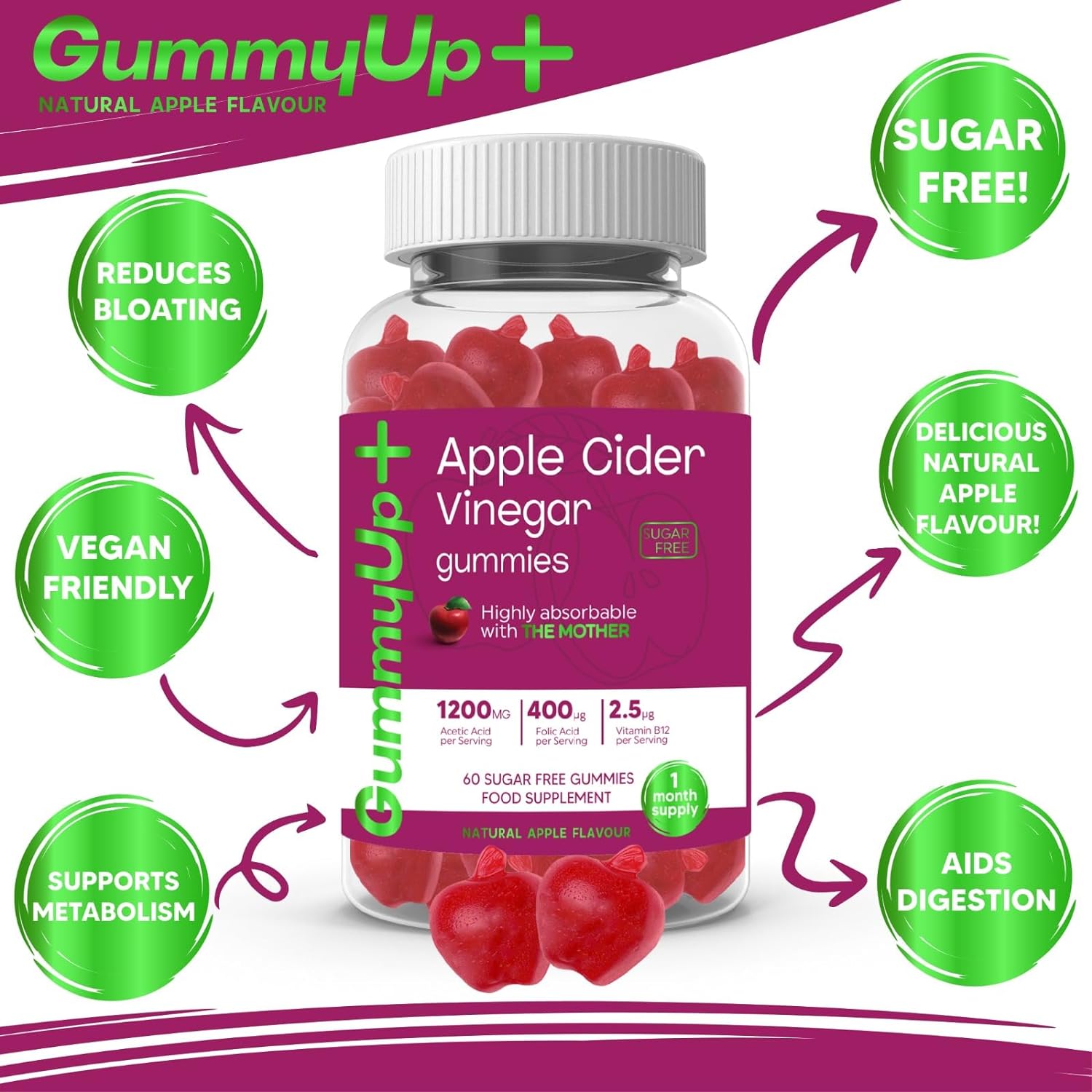 Apple Cider Vinegar Gummies with The Mother, Sugar Free, 1200mg Acetic Acid, 400 ?g Folic Acid, 2.5 ?g Vitamin B12, 60 Natural Apple Flavoured Gummies