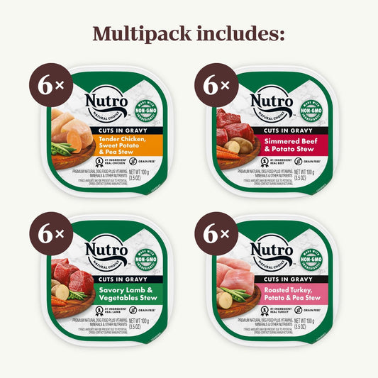 Nutro Adult Natural Grain Free Wet Dog Food Cuts In Gravy Beef Recipe, Lamb Recipe, Chicken Recipe, And Turkey Recipe Variety Pack, 3.5 Oz. Trays (Pack Of 24)