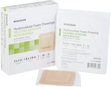 Mckesson Hydrocellular Foam Dressings, Sterile, Silicone Adhesive With Border, Dimension 3 In X 3 In, Pad 1 4/5 In X 1 4/5 In, 10 Count, 20 Packs, 200 Total