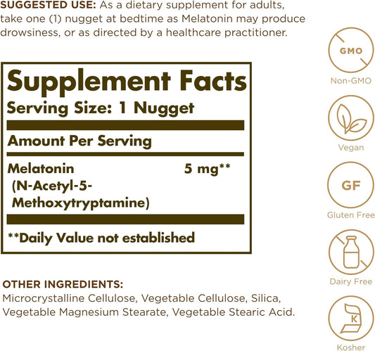 Solgar Melatonin 5 mg - 60 Nuggets - Helps Promote Relaxation & Rest - Non-GMO, Vegan, Gluten Free, Dairy Free, Kosher - 60 Servings