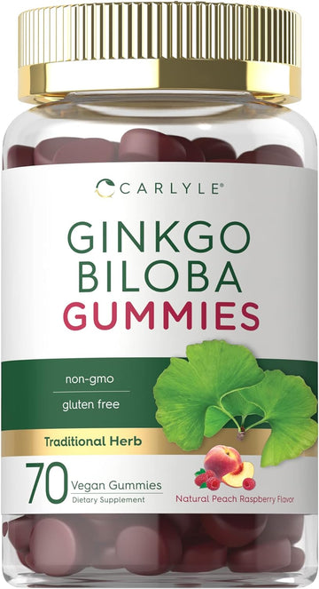 Carlyle Ginkgo Biloba 300mg | 70 Gummies | 45:1 Leaf Extract | with Peach Raspberry Flavor | Vegan, Non-GMO, Gluten Free Supplement