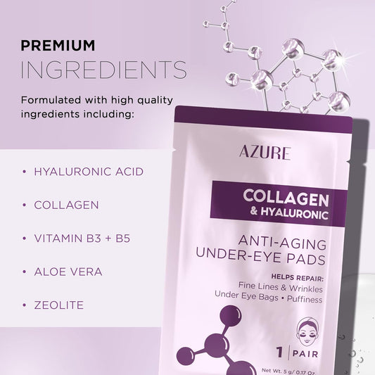 Azure Cosmetics Collagen & Hyaluronic Acid Anti Aging Under Eye Pads - Lifting & Moisturizing Eye Mask Patches - Reduces Fine Lines, Wrinkles, Dark Circles & Puffiness - Made In Korea - 5 Pairs