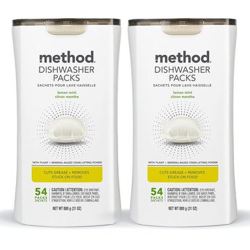 Method Dishwasher Detergent Packs, Lemon Mint, Dishwashing Rinse Aid to Lift Tough Grease and Stains, 54 Dishwasher Tabs per Package, (Pack of 2)