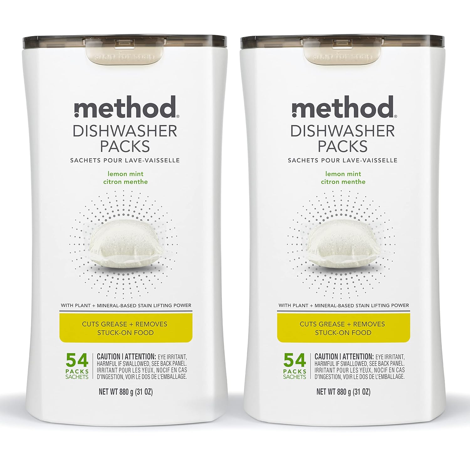 Method Dishwasher Detergent Packs, Lemon Mint, Dishwashing Rinse Aid To Lift Tough Grease And Stains, 54 Dishwasher Tabs Per Package, (Pack Of 2)