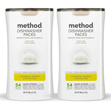 Method Dishwasher Detergent Packs, Lemon Mint, Dishwashing Rinse Aid To Lift Tough Grease And Stains, 54 Dishwasher Tabs Per Package, (Pack Of 2)