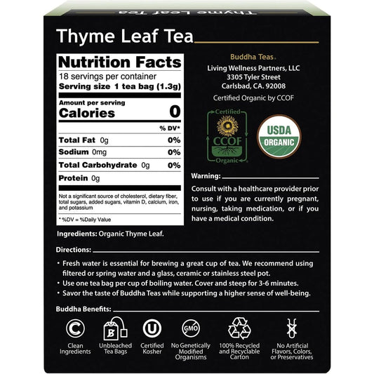 Buddha Teas Organic Thyme Leaf Tea - Ou Kosher, Usda Organic, Ccof Organic, 18 Bleach-Free Tea Bags