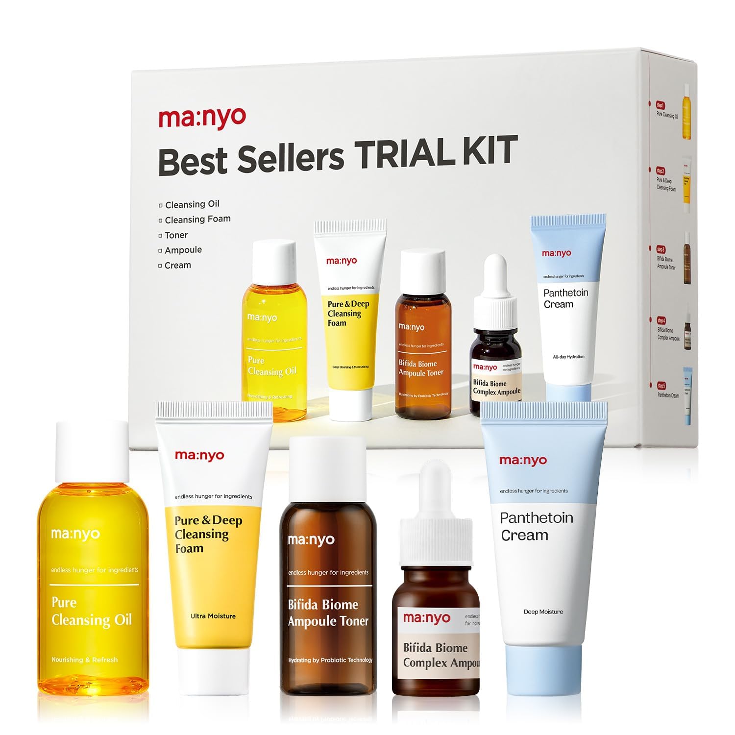 Ma:Nyo Best Sellers Kit | Travel Size Trial & Gift Set | Pure Cleansing Oil, Pure Cleansing Foam, Bifida Biome Ampoule, Bifida Biome Toner, Panthetoin Cream | Korean Skin Care, Skin Repair Solution