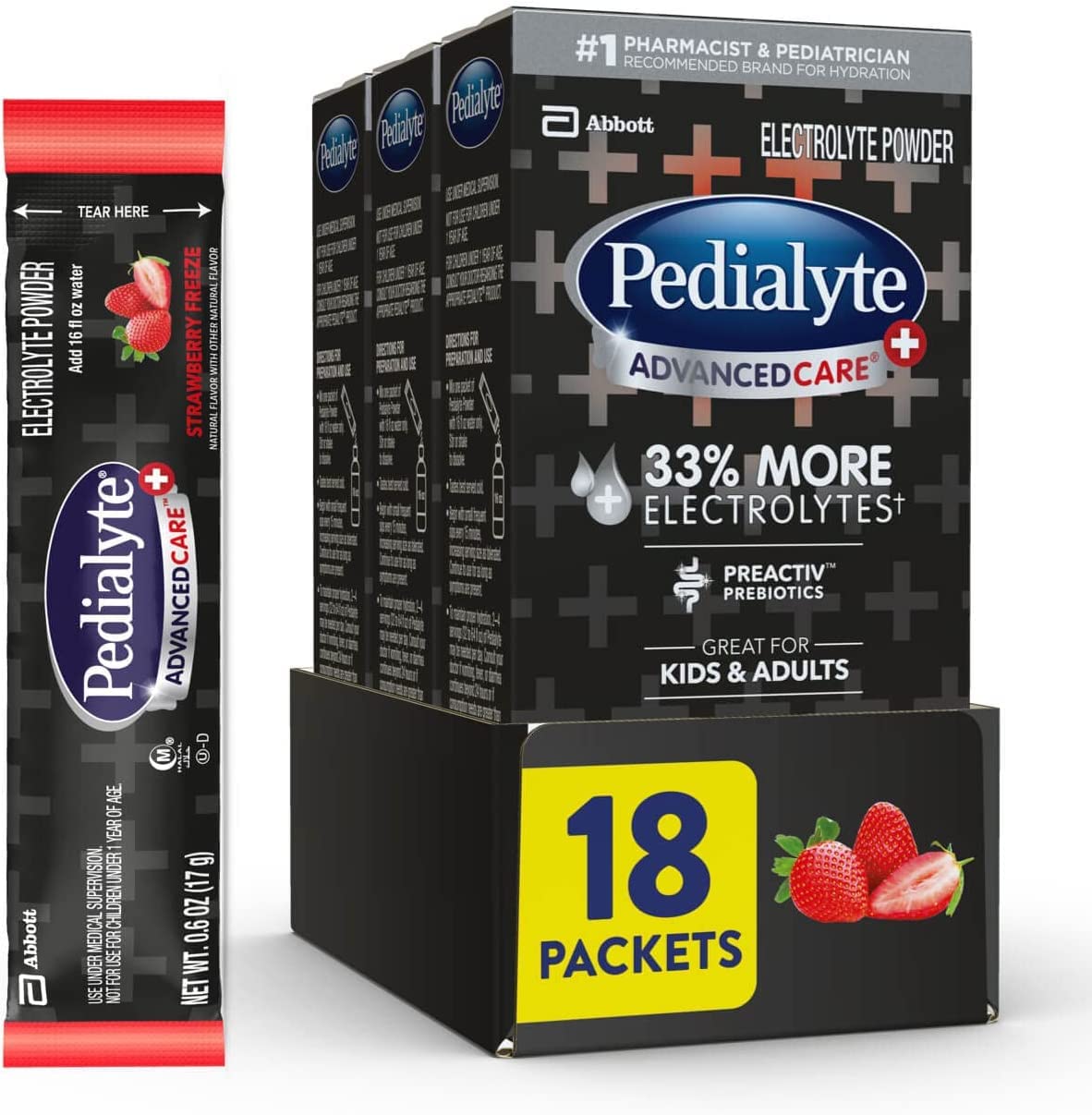 Pedialyte AdvancedCare Plus Electrolyte Powder, with 33% More Electrolytes and PreActiv Prebiotics, Strawberry Freeze, Electrolyte Drink Powder Packets, 0.6 Oz (18 Count) : Baby