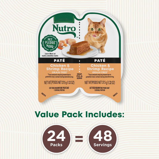 Nutro Grain Free Natural Wet Cat Food Paté Chicken & Shrimp Recipe, (24) 2.64 Oz. Perfect Portions Twin-Pack Trays