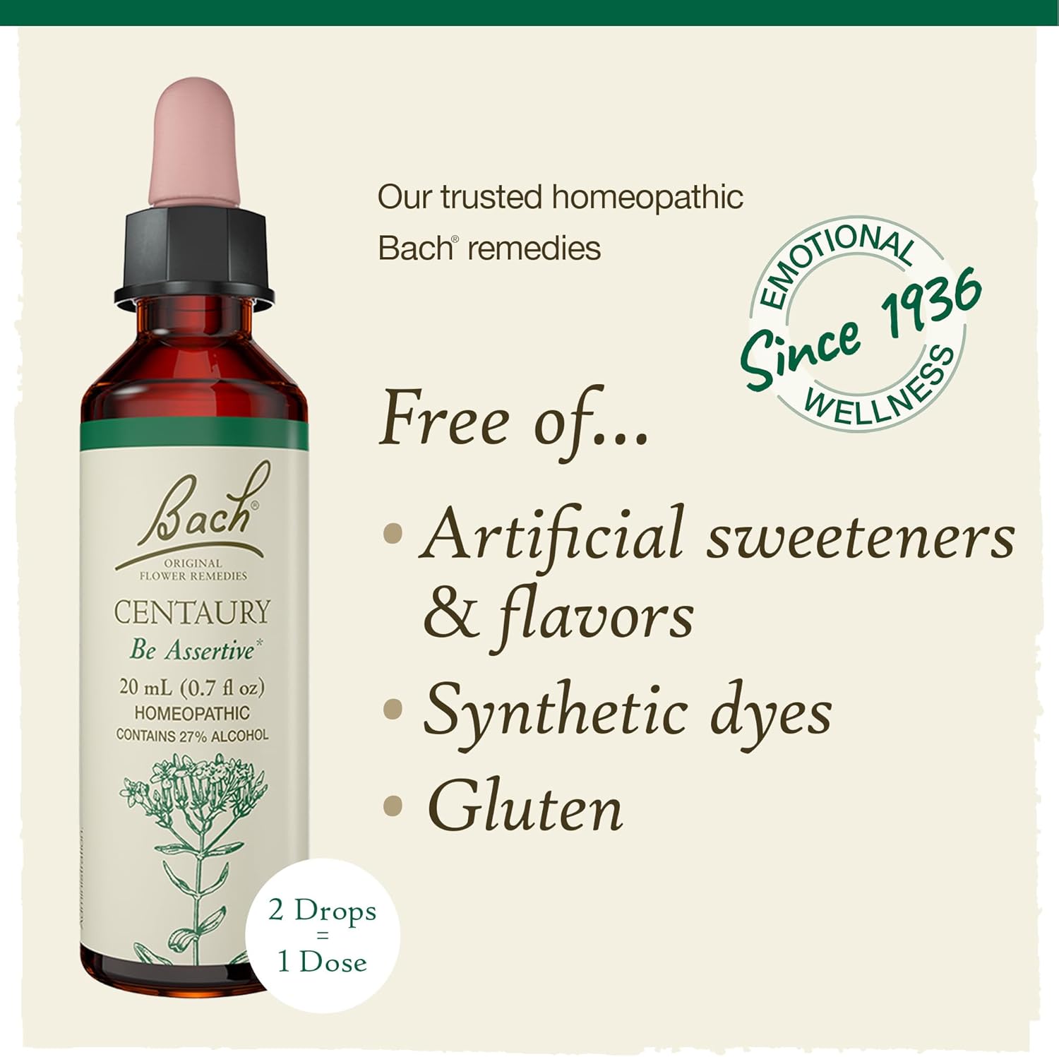 Bach Original Flower Remedies, Centaury for Assertiveness, Natural Homeopathic Flower Essence, Holistic Wellness, Vegan, 20mL Dropper : Health & Household