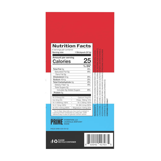 Prime Hydration+ Sticks Ice Pop | Hydration Powder Single Serve Sticks | Electrolyte Powder On The Go | Low Sugar | Caffeine-Free | Vegan | 6 Sticks