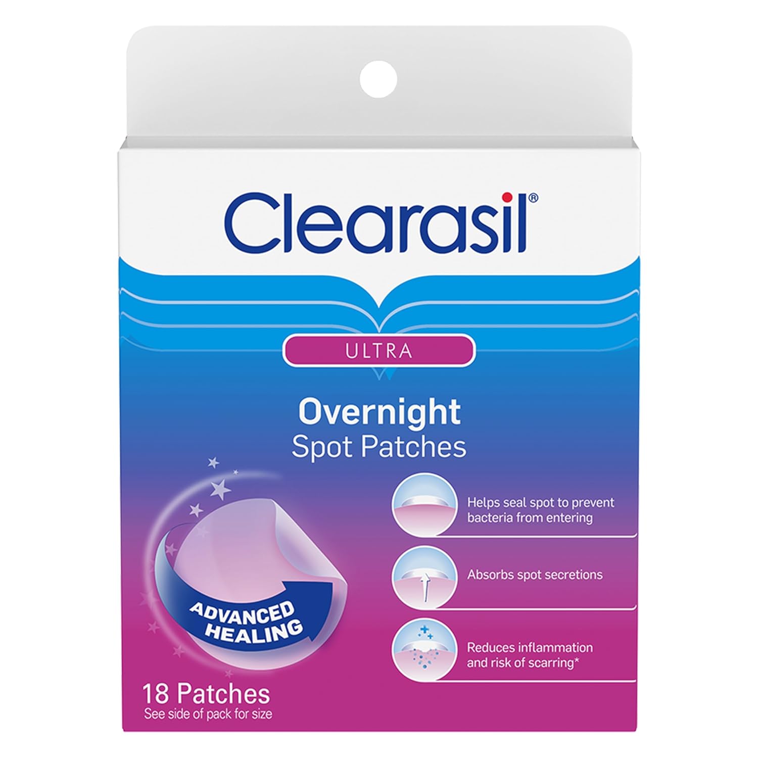 Clearasil Overnight Spot Patches, Advanced Healing Hydrocolloid Acne Pimple Treatment, Blemish Spot Stickers For Face, 18 Count