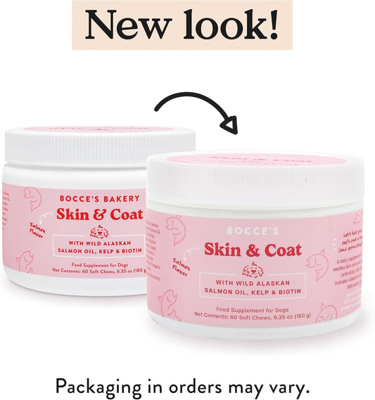 Bocce'S Bakery Skin & Coat Supplement For Dogs, Daily Chews Made In The Usa With Vitamin E & Essential Fatty Acids, Supports Healthy Skin & Coat, Salmon, 60 Ct, Red (Dg-Sp-Skin60)