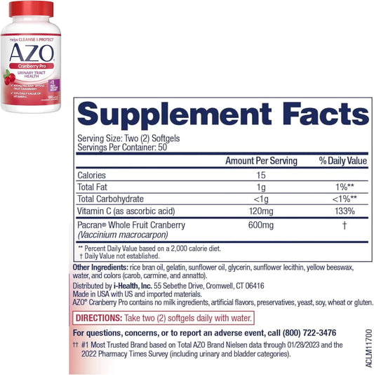 Azo Cranberry Pro Urinary Tract Health Supplement 600Mg Pacran, 1 Serving = More Than 1 Glass Of Cranberry Juice 100 Ct + Urinary Tract Defense 24 Count