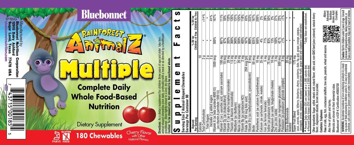 Bluebonnet Nutrition Rainforest Animalz Whole Food Based Multiple Chewable Tablet, Kids Multivitamin & Mineral, Vitamin C, D3, Iron, Gluten Free, Milk Free, Kosher, 180 Chewable Tablets, Cherry Flavor