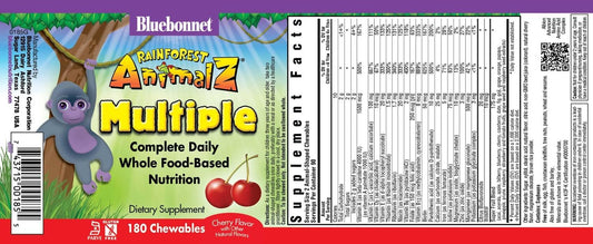 Bluebonnet Nutrition Rainforest Animalz Whole Food Based Multiple Chewable Tablet, Kids Multivitamin & Mineral, Vitamin C, D3, Iron, Gluten Free, Milk Free, Kosher, 180 Chewable Tablets, Cherry Flavor