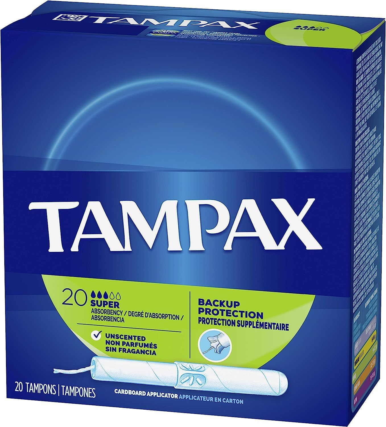 Tampax Tampons, Super Absorbency, Cardboard Applicator, Leakgaurd Skirt, Unscented, 20 Count x 4 Packs (80 Count total)