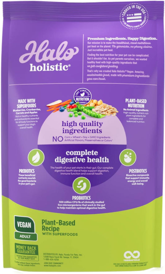 Halo Holistic Plant-Based Recipe With Superfoods, Complete Digestive Health, Vegan Dry Dog Food Bag, Adult Formula, 21-lb Bag