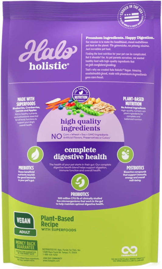 Halo Holistic Plant-Based Recipe With Superfoods, Complete Digestive Health, Vegan Dry Dog Food Bag, Adult Formula, 21-Lb Bag