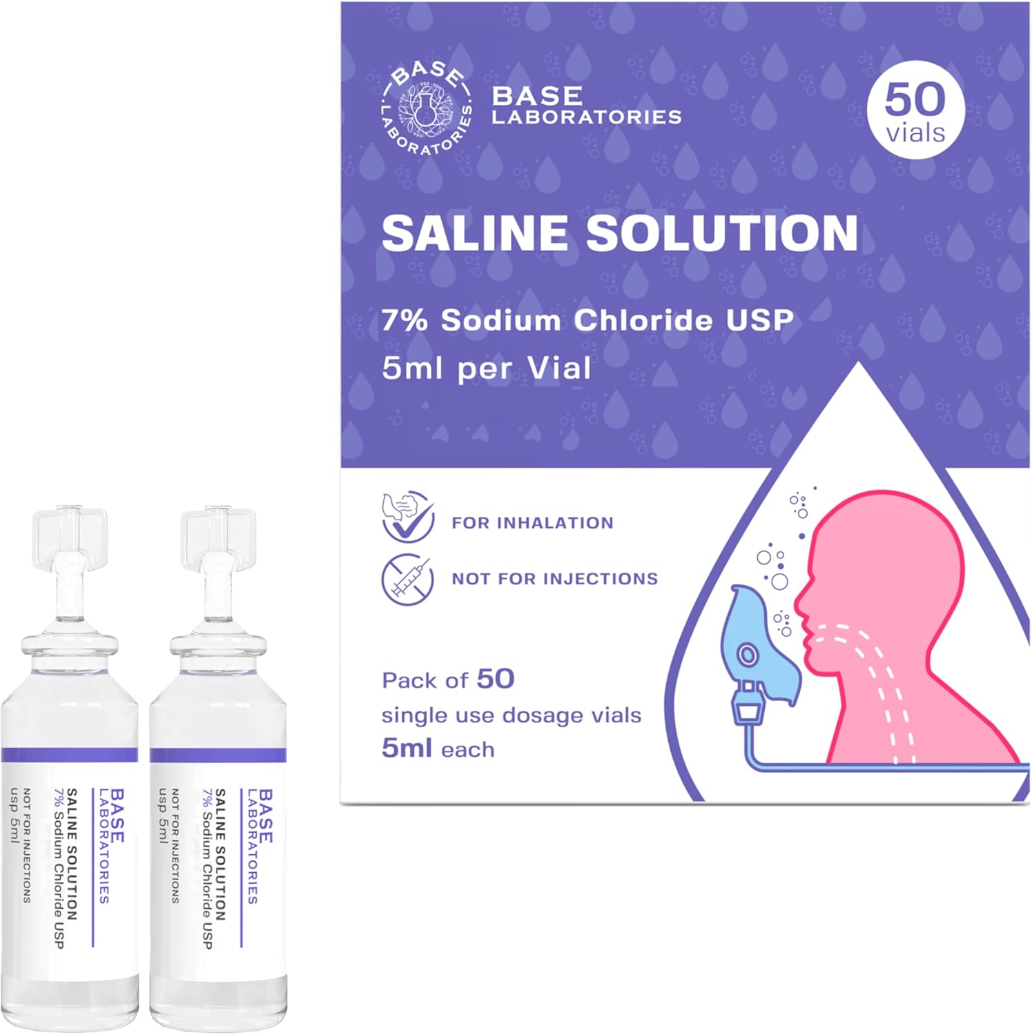 Base Laboratories 7% Saline Solution For Nebulizer Machine | Saline Solution For Inhalation & Nasal Irrigation | High 7% Concentration L 50 Vials 5Ml Unit Dose