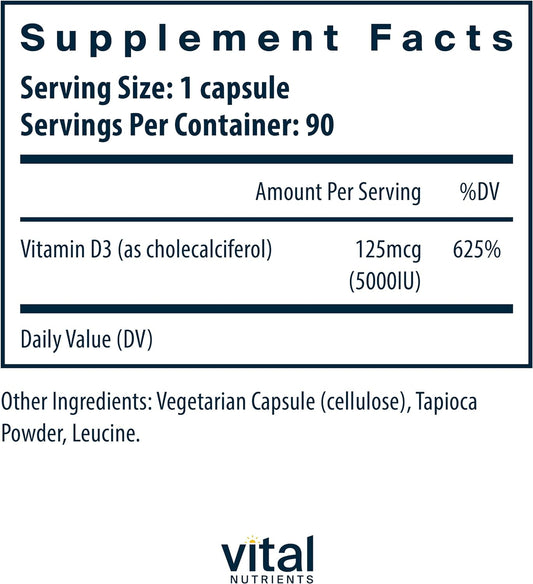 Vital Nutrients Vitamin D 5000 IU | Vitamin D3 Supplement | Healthy Bones, Teeth, Muscles*| Cellular & Immune Function | Calcium Absorption | Gluten, Dairy and Soy Free | 90 Capsules