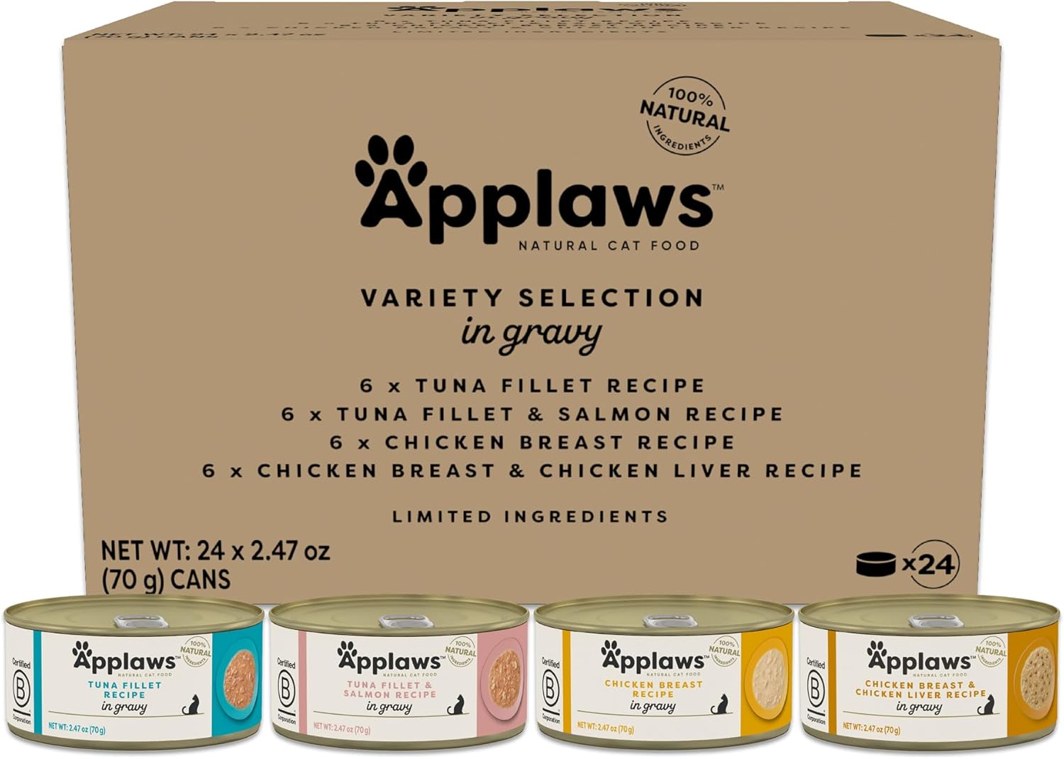 Applaws Natural Wet Cat Food In Gravy, Limited Ingredient Canned Wet Cat Food, No Additives, Made With Natural Ingredients, Chicken Selection In Gravy Cans (24 X 2.47Oz Cans)