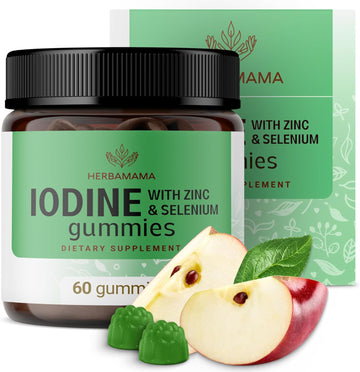 Herbamama Iodine Gummies - Potassium Iodine, Zinc & Selenium For Brain Health And Energy - Immune Support Supplement Gummies - Vegan, Gelatin-Free, Non-Gmo - 60 Apple-Flavored Chews