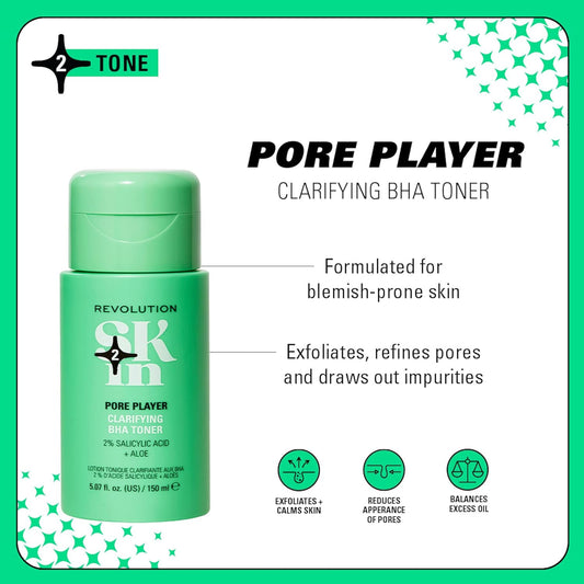 Revolution Skin, Pore Player 2% Salicylic Acid & Aloe Clarifying Bha Toner, Facial Toner, Gently Exfoliates, Vegan & Cruelty-Free, 150Ml