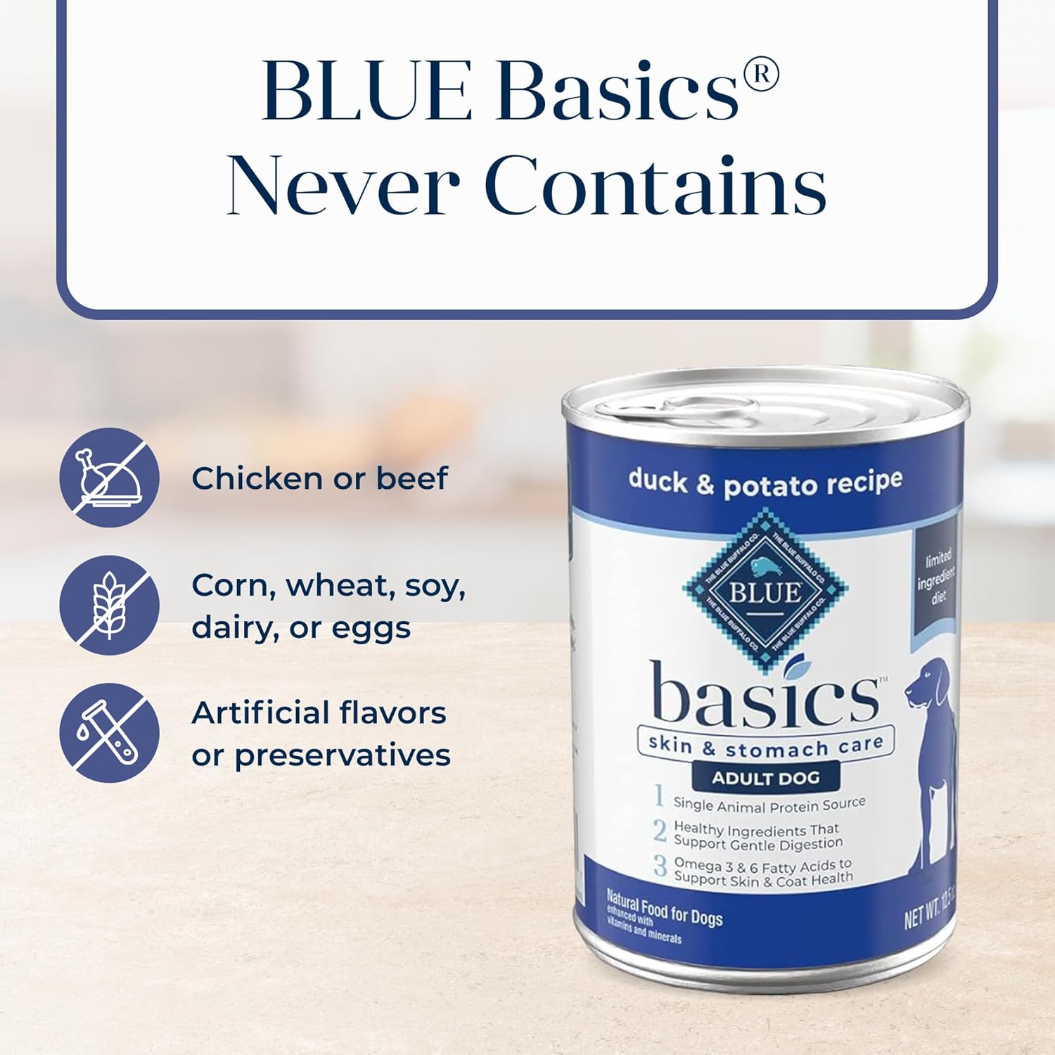 Blue Buffalo Basics Adult Grain-Free Wet Dog Food for Skin & Stomach Care, Limited Ingredient Diet, Duck & Potato Recipe, 12.5-oz. Cans (12 Count)