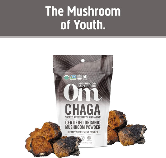 Om Mushroom Superfood Chaga Organic Mushroom Powder, 3.5 Ounce, 50 Servings, Us Grown, Sacred Antioxidants & Immune Support, Superfood Mushroom Supplement