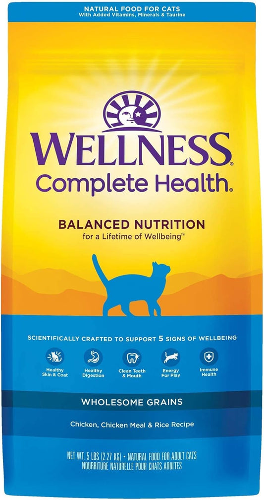 Wellness Complete Health Natural Dry Cat Food, Chicken & Chicken Meal Recipe, 5 Pound Bag Bundle Kittles Natural Grain Free Cat Treats (Chicken, 2 Oz)