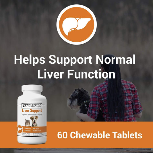 Vet Classics Liver Support Pet Health Supplement for Dogs, Cats – Liver Functions – B-Vitamins, Glutathione, Milk Thistle – Soft Tablets, Chews – 60 Chewable Tablets
