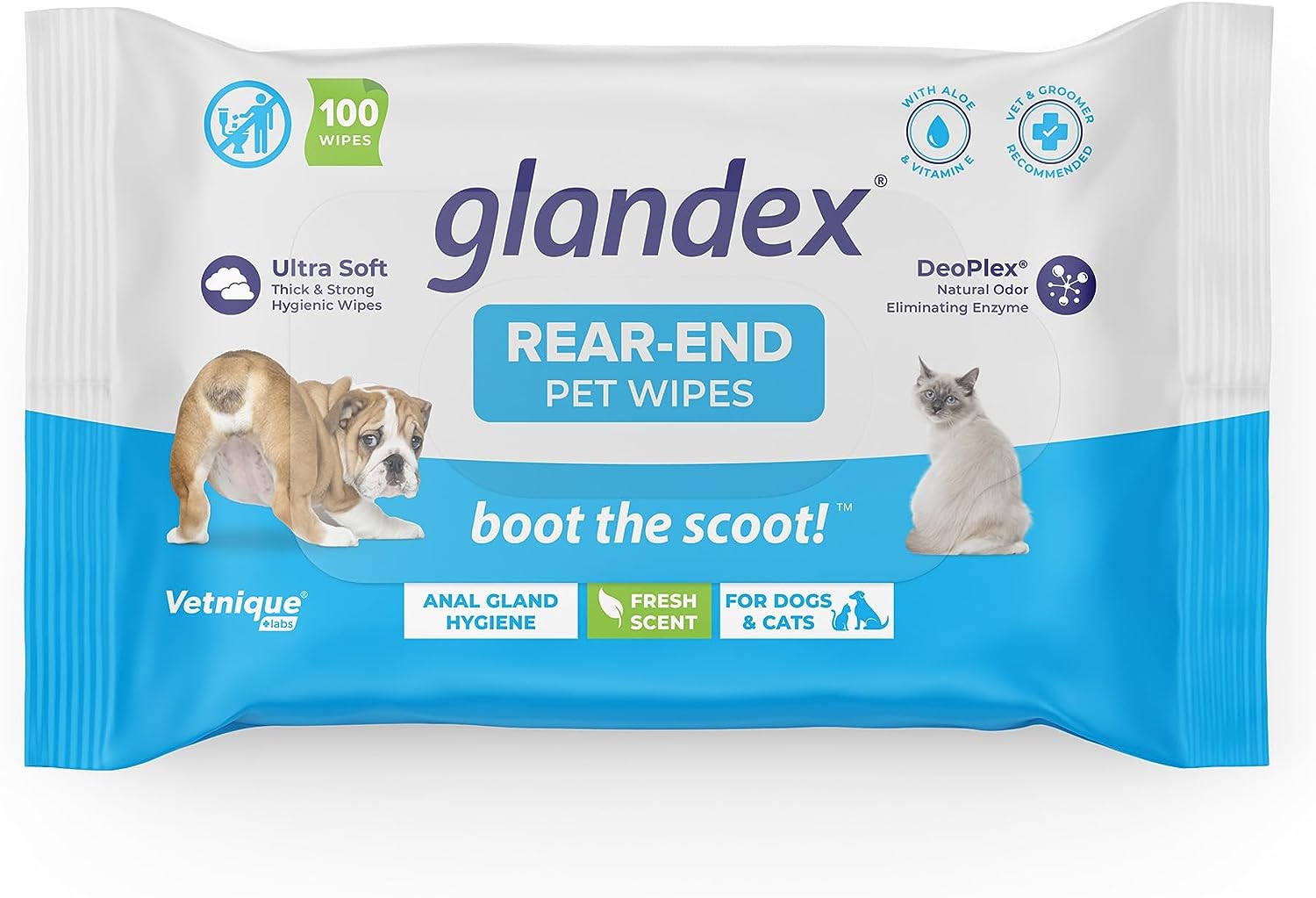 Vetnique Labs Glandex Dog Wipes for Pets Cleansing & Deodorizing Anal Gland Hygienic Wipe?s for Dogs & Cats with Vitamin E, Skin Conditioners and Aloe (100ct Pouch)