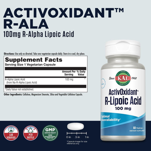 Kal 100 Mg R-lipoic Acid Activoxidant Tablets, 60 Count