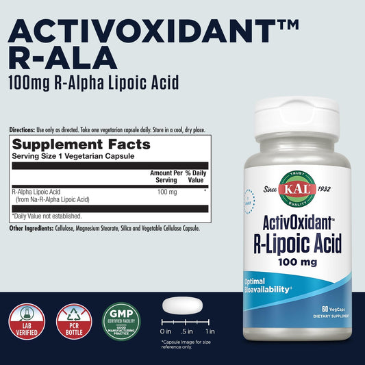 Kal 100 Mg R-Lipoic Acid Activoxidant Tablets, 60 Count