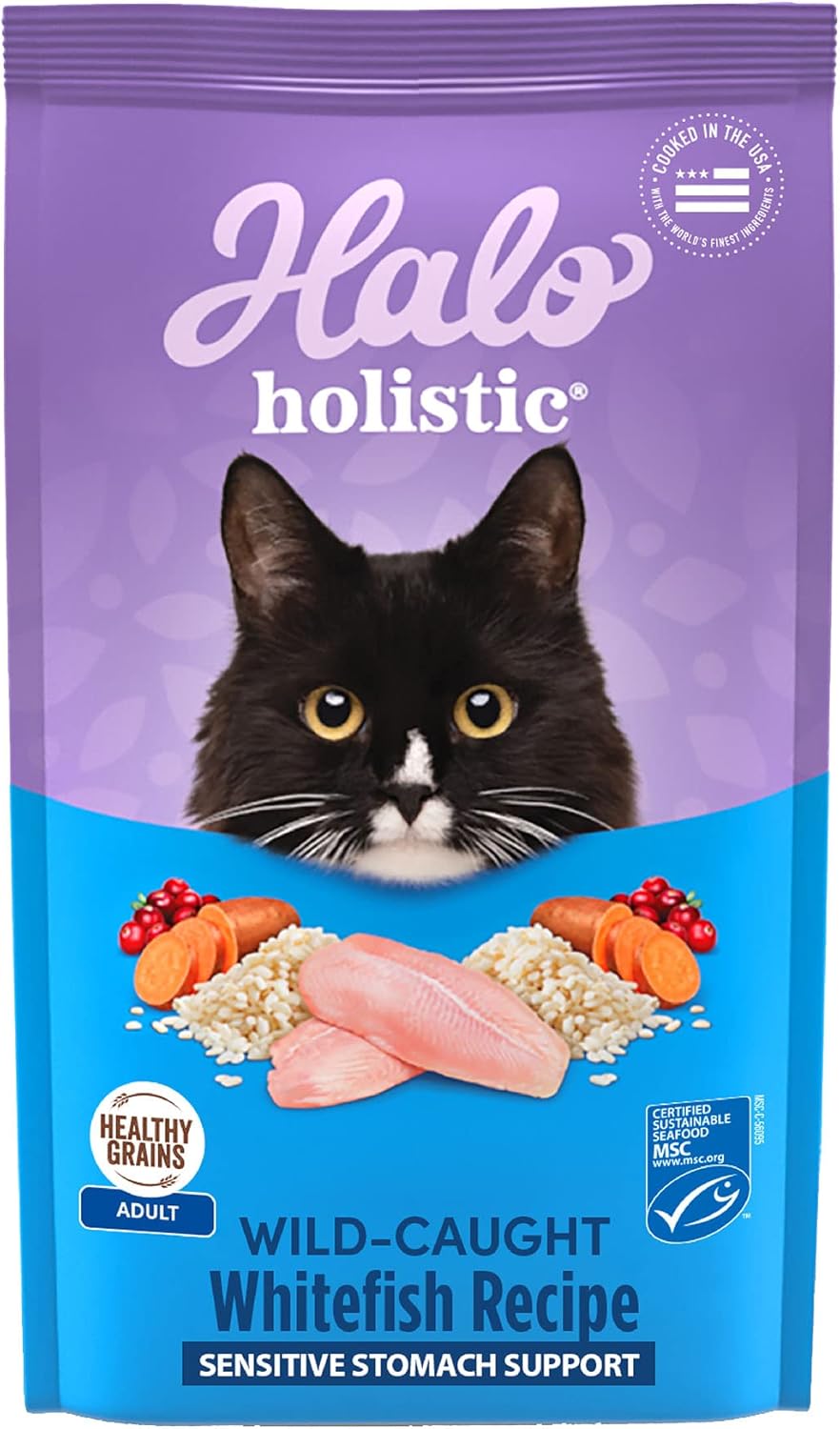 Halo Holistic Cat Food Dry, Wild-Caught Whitefish Recipe For Sensitive Stomach Support, Complete Digestive Health, Dry Cat Food Bag, Sensitive Stomach Formula, 10-Lb Bag