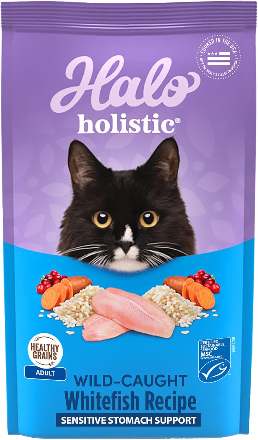 Halo Holistic Cat Food Dry, Wild-Caught Whitefish Recipe For Sensitive Stomach Support, Complete Digestive Health, Dry Cat Food Bag, Sensitive Stomach Formula, 3-Lb Bag