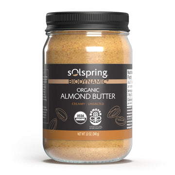 Solspring Biodynamic Organic Almond Butter, 12 Oz. (340 G), Creamy & Unsalted, Certified Usda Organic, Regenerative, Non-Gmo, Gluten Free, Soy Free, Dr. Mercola