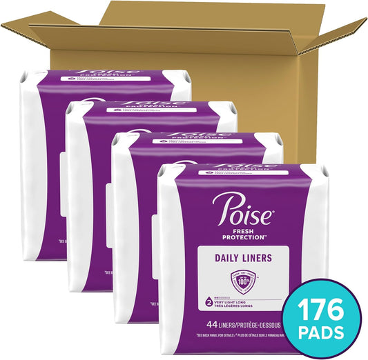 Poise Daily Incontinence Panty Liners, 2 Drop Very Light Absorbency, Long, 176 Count of Pantiliners (4 Packs of 44), Packaging May Vary