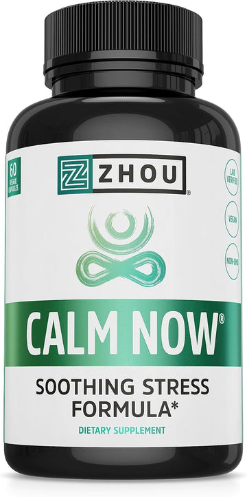 Zhou Calm Now Soothing Support With B Vitamins, Ashwagandha, Magnesium & Zinc, Relax, Focus & Positive Mind, Supports Serotonin Increase, Non-Gmo, Vegan, Gluten-Free, 30 Servings - 60 Vegcaps