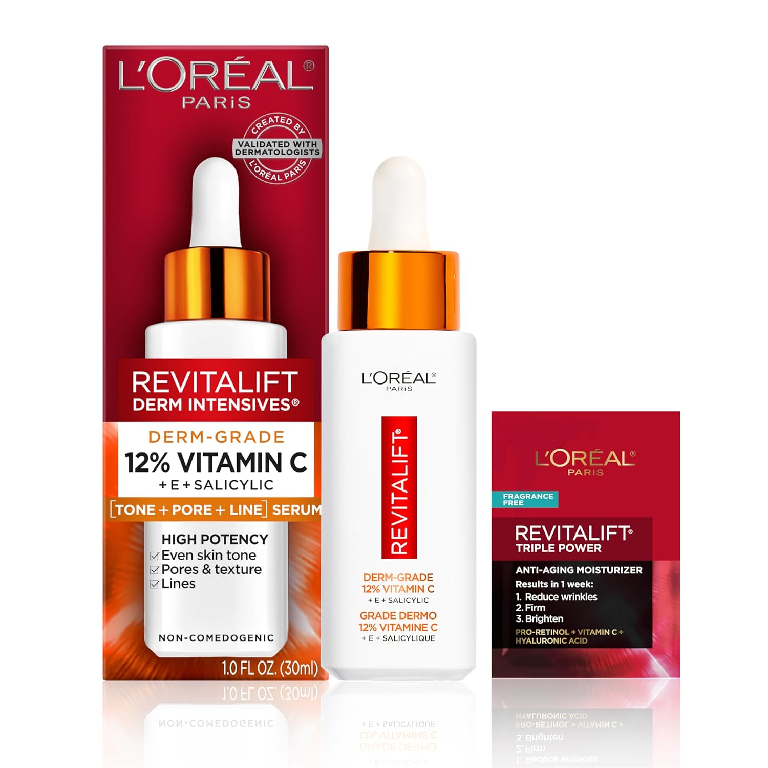 L'Oreal Paris Revitalift 12% Pure Vitamin C Serum, Vitamin E, Salicylic Acid, Brightening 1 Oz + Moisturizer Sample