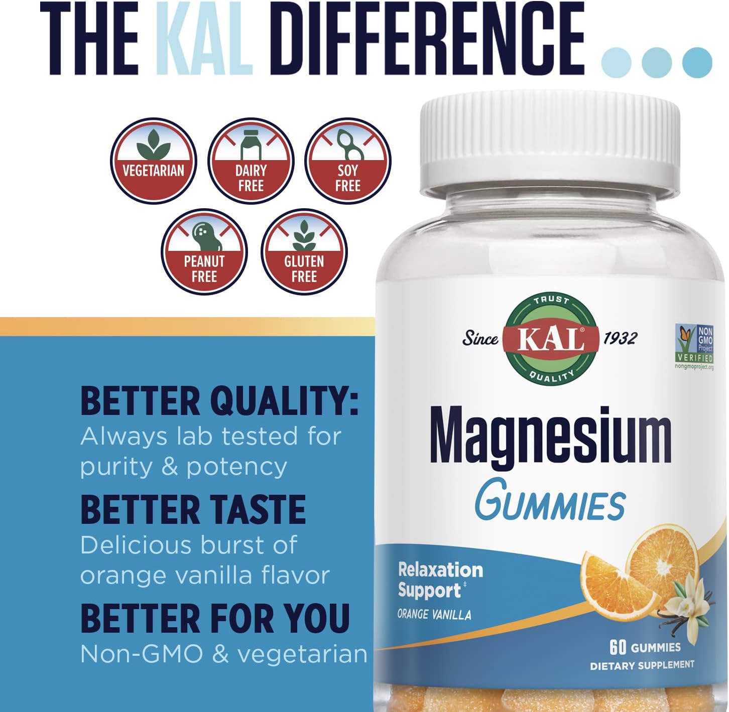 KAL Magnesium Citrate Gummies - Relaxation, Bone, Muscle and Cellular Energy Support - 330mg Magnesium Supplement - Orange Vanilla Flavor - Non-GMO, Vegetarian - 60 Magnesium Gummies : Health & Household