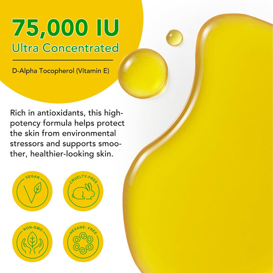 Vitamin E Oil - 75,000 Iu Ultra Concentrated - Moisturizes, Fades Scars & Stretch Marks, Anti-Aging & Skin Hydration - For Face, Body, Hair, And Nails