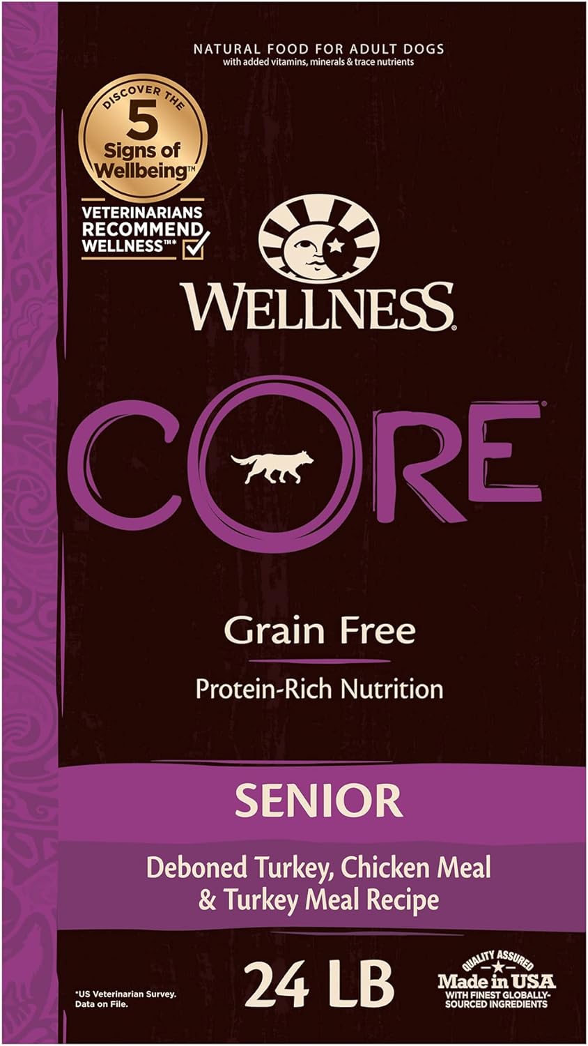 Wellness CORE Grain-Free Senior Dry Dog Food, Made in USA with Real Turkey and Natural Ingredients, With Nutrients for Immune, Joint, Skin & Coat Support, 24-Pound Bag