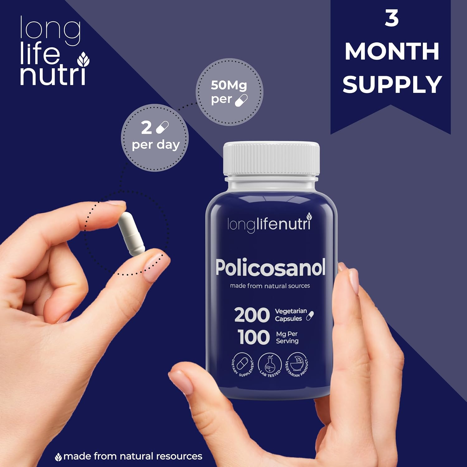 Longlifenutri Policosanol 100Mg - 200 Vegetarian Capsules, Natural Sugar Cane Supplement For Balanced Cholesterol, 3-Month Supply, Non-Gmo, Lab Tested, Made In Usa : Health & Household