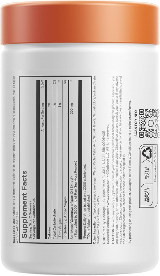 Codeage Irish Sea Moss Gummies Supplement - 300Mg Irish Sea Moss Extract Equivalent To 3,000Mg Of Raw Sea Moss Powder - Delicious Strawberry Flavor - Vegan, Non-Gmo, Gluten-Free - 60 Gummies