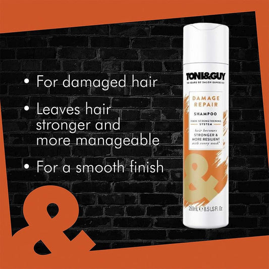 Toni & Guy Salon Shampoo And Conditioner For Dry Damaged Hair, Pack Of 4 X 250Ml Bottles (2 X Damage Repair Shampoo, 2 X Damage Repair Conditioner)
